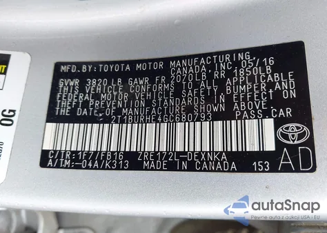 2016 Toyota Corolla Le из США, поврежденный, VIN 2T1BURHE4GC680793